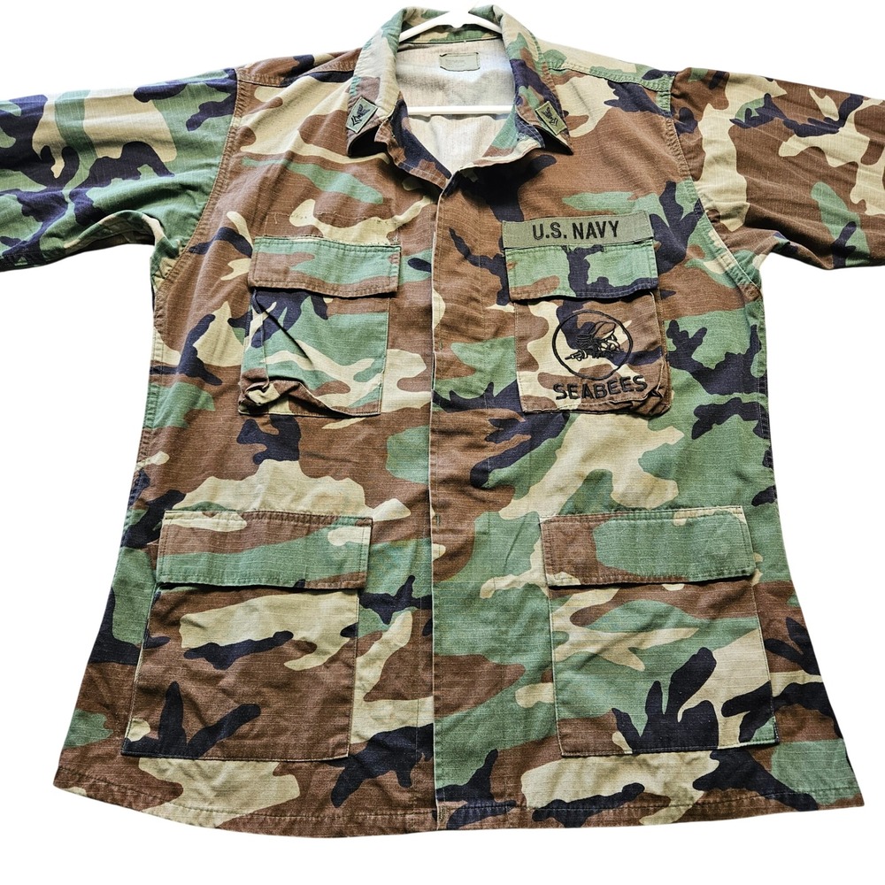 US Navy Seabees Woodland Camo Combat Shirt Jacket‎ Medium Regular Military Issue